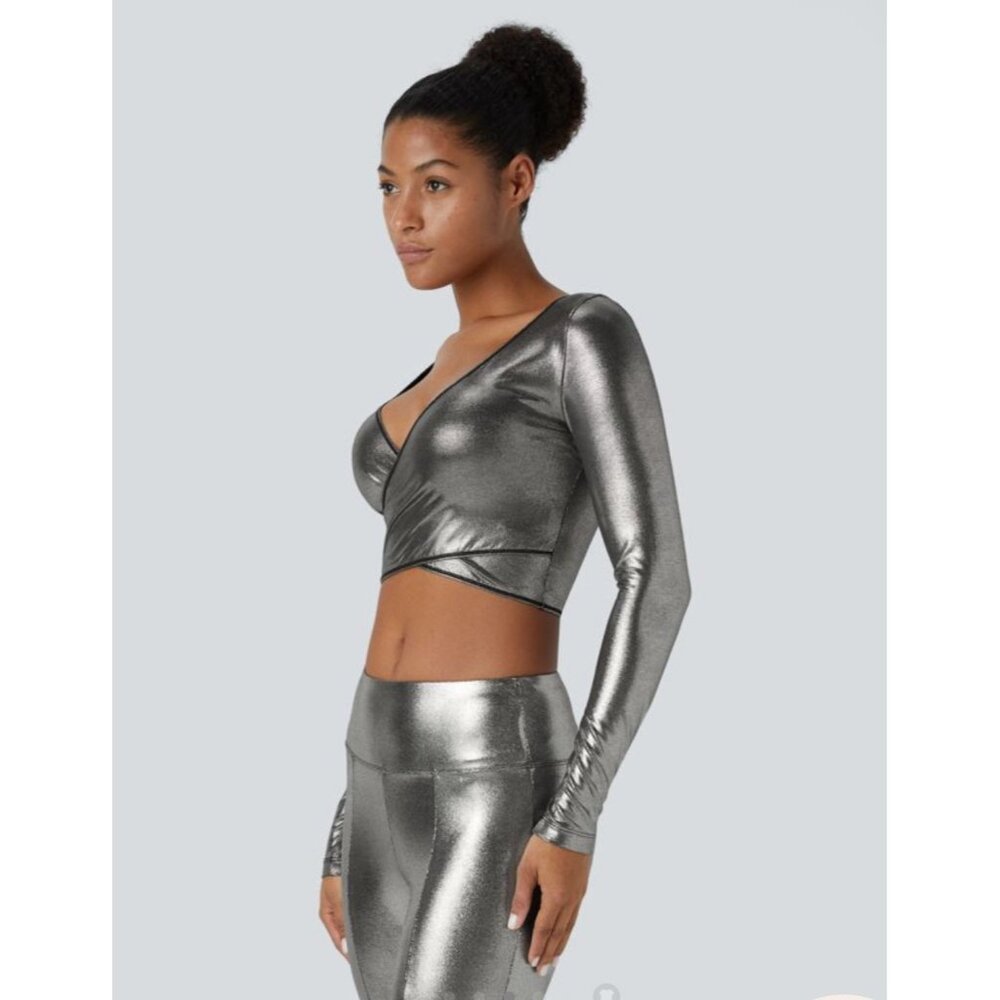 Halara Softlyzero Faux Leather Deep V Neck Cropped Meta Top Sz XL Crossover Hem
